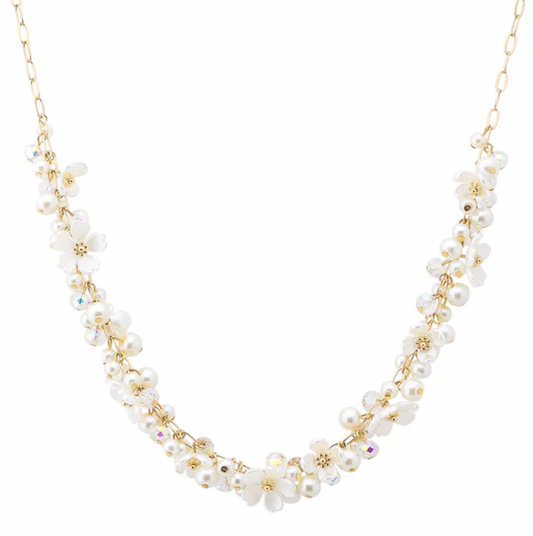 Pearl, Flower, and Crystals on Gold Chain 16"-18" Necklace