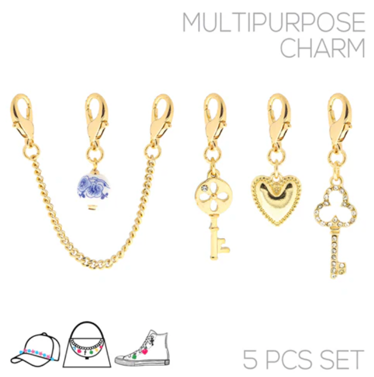 Gold Heart, Key, and Chain Set of 6 Bag Charm Attachments