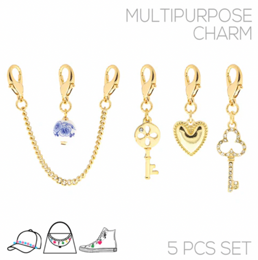 Gold Heart, Key, and Chain Set of 6 Bag Charm Attachments