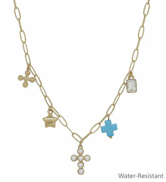 Water Resistant Gold Chain with Pearl Beaded Cross, Teal Cross, Star Charm 16"-18" Necklace