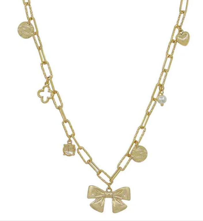 Gold Bow, Clover, and Puffy Heart Charm 16"-18" Necklace