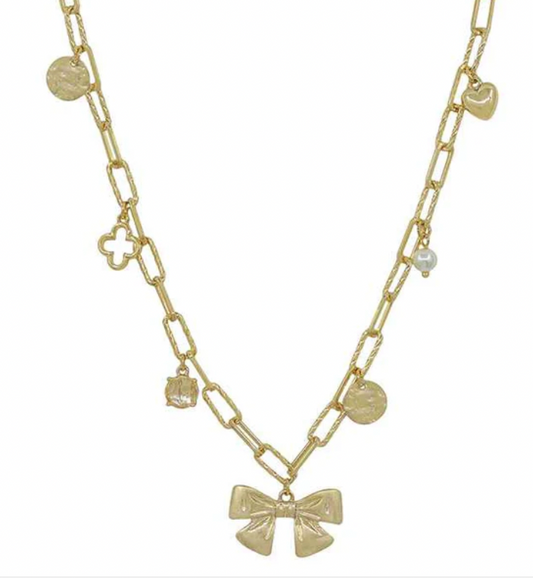 Gold Bow, Clover, and Puffy Heart Charm 16"-18" Necklace