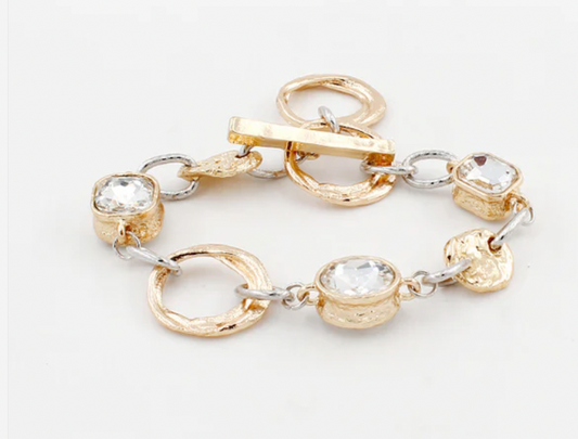 Gold and Silver Textured Open Circles with Clear Stone Bracelet