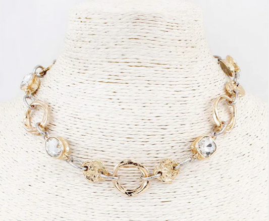 Gold and Silver Two Tone Textured Necklace with Clear Stone 16"-18" Necklace