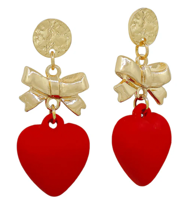 Hammered Circle Stud with Gold Bow and Red Heart 2" Drop Earring, Gameday