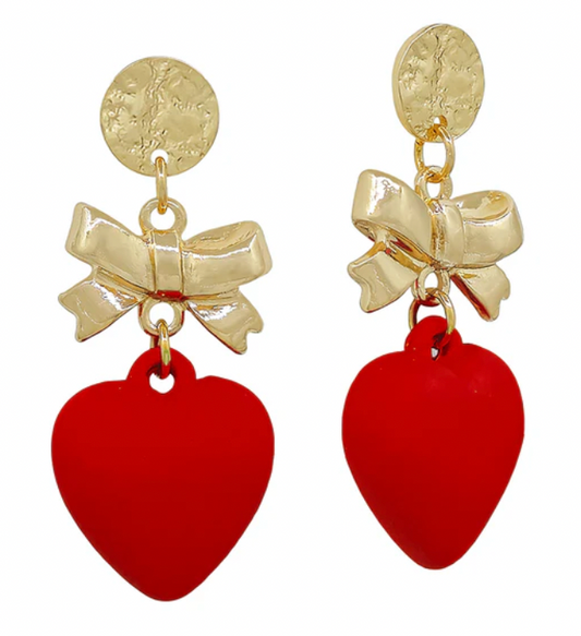Hammered Circle Stud with Gold Bow and Red Heart 2" Drop Earring, Gameday