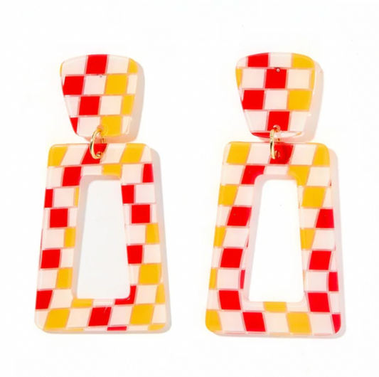 Kennedy Statement Earrings - Red and Gold Checkered