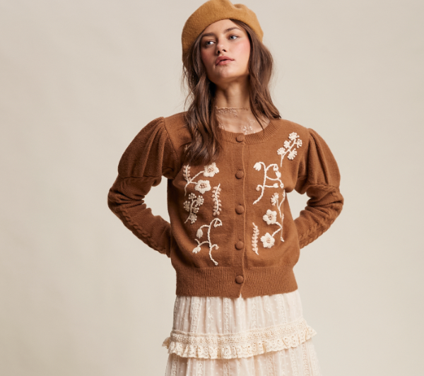 Floral Embroidered Puff Sleeve Cardigan