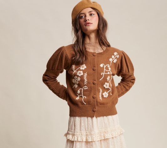 Floral Embroidered Puff Sleeve Cardigan
