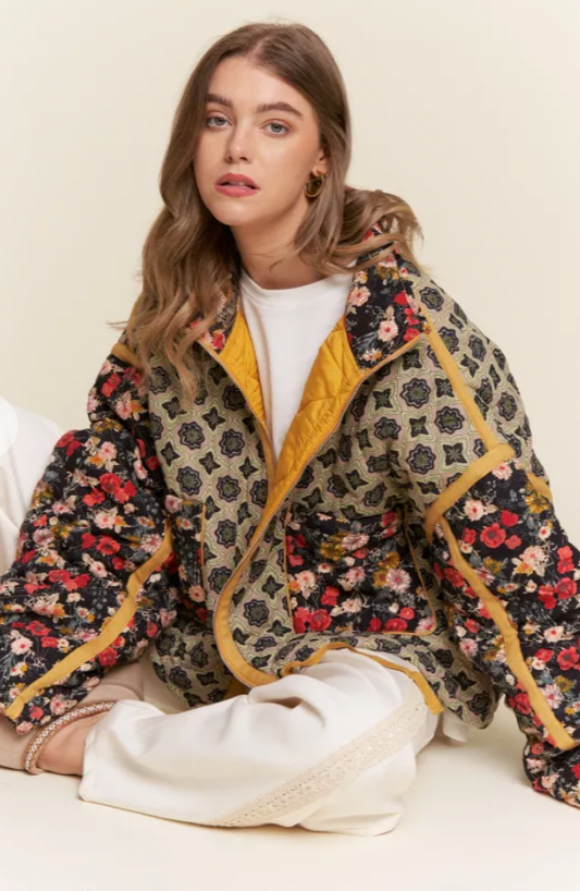 Rose Pattern Pink Taped Padded Jacket