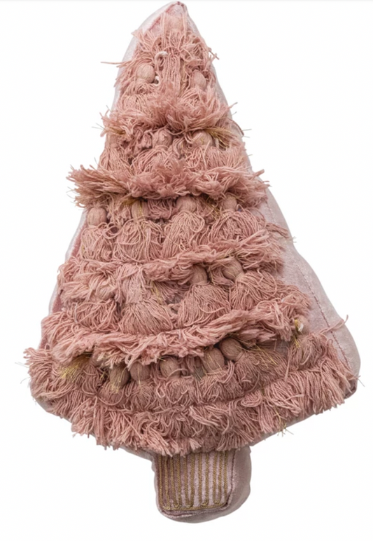 Tree Shaped Pillow with Fringe, Tassels & Velvet Back ©