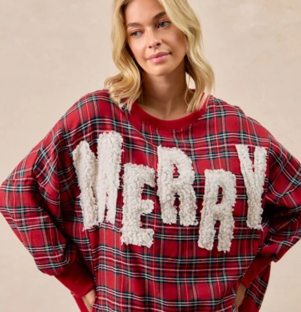 BIBI Merry Letter Patches Christmas Plaid Sweatshirt
