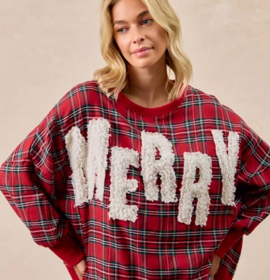 BIBI Merry Letter Patches Christmas Plaid Sweatshirt