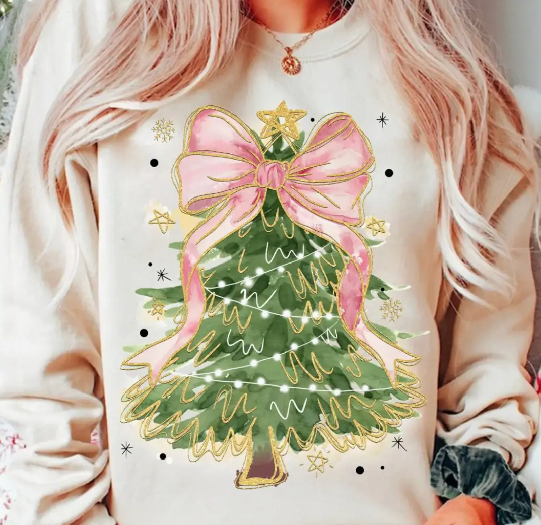 Christmas Tree with Pink Bow Crew Sweatshirt