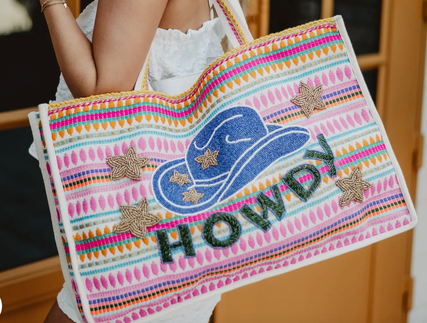 HOWDY Cowgirl Hat Striped Tote Bag