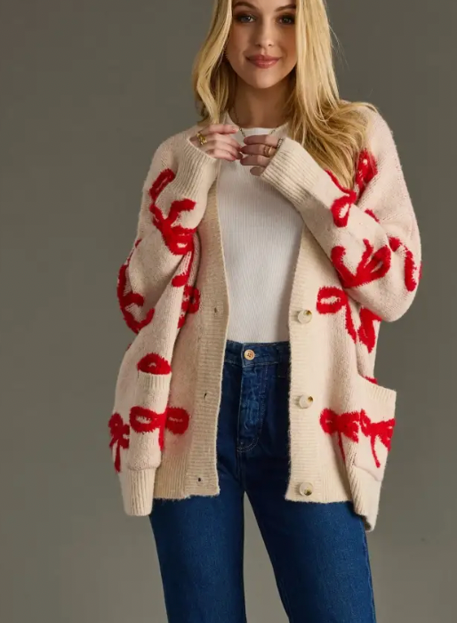 Tan & Red Bow Cardigan