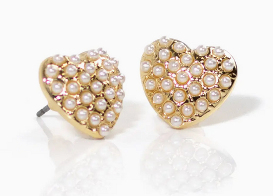 Candy Heart Pearl Stud Earrings White/Gold .5"