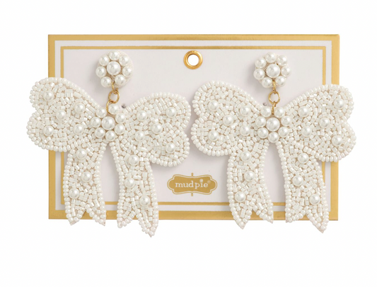 White Bow Beaded Earrings