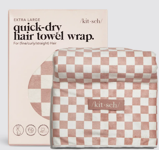Extra Large Quick-Dry Hair Towel Wrap- Terracotta Checker