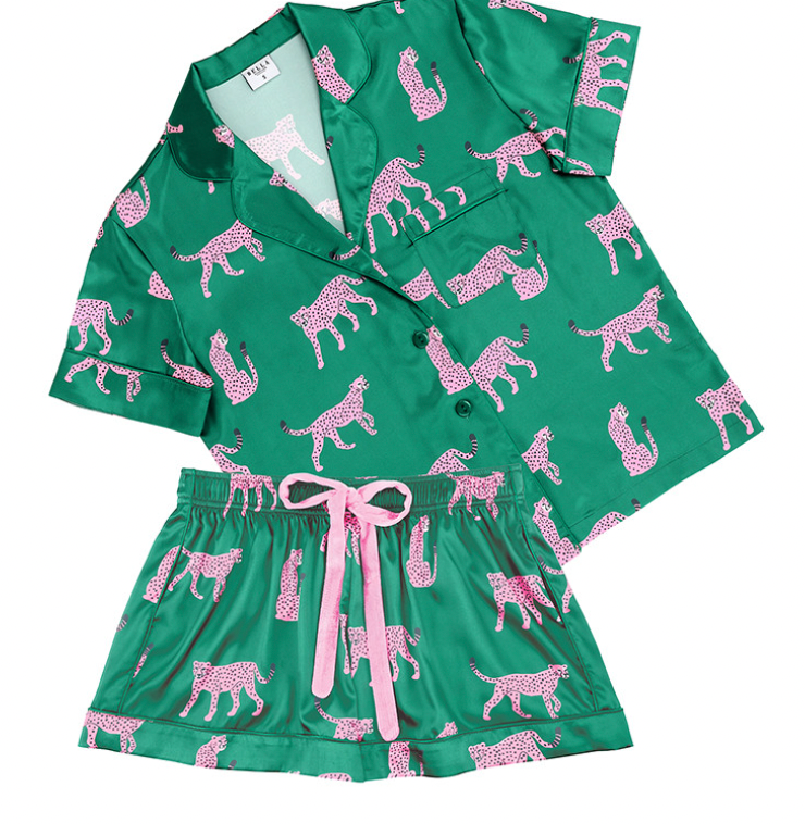 Short Sleeve Top + Square Short PJ Set with Velvet Tie - Green + Cheetahs