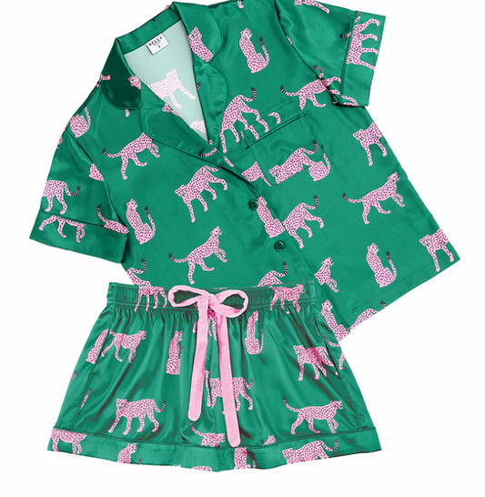 Short Sleeve Top + Square Short PJ Set with Velvet Tie - Green + Cheetahs