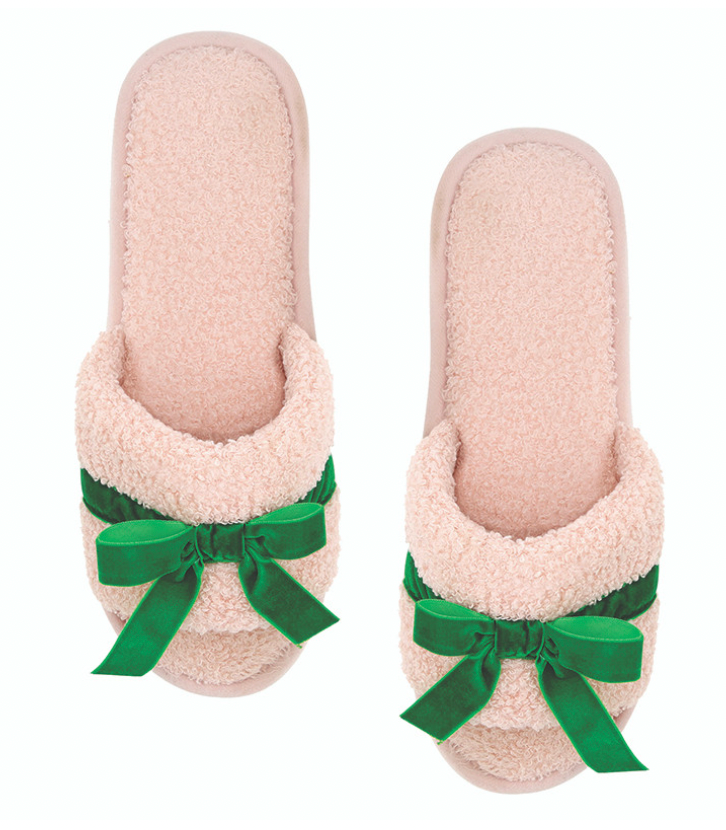 Teddy Velvet Bow Slippers - Light Pink + Green Velvet Bow