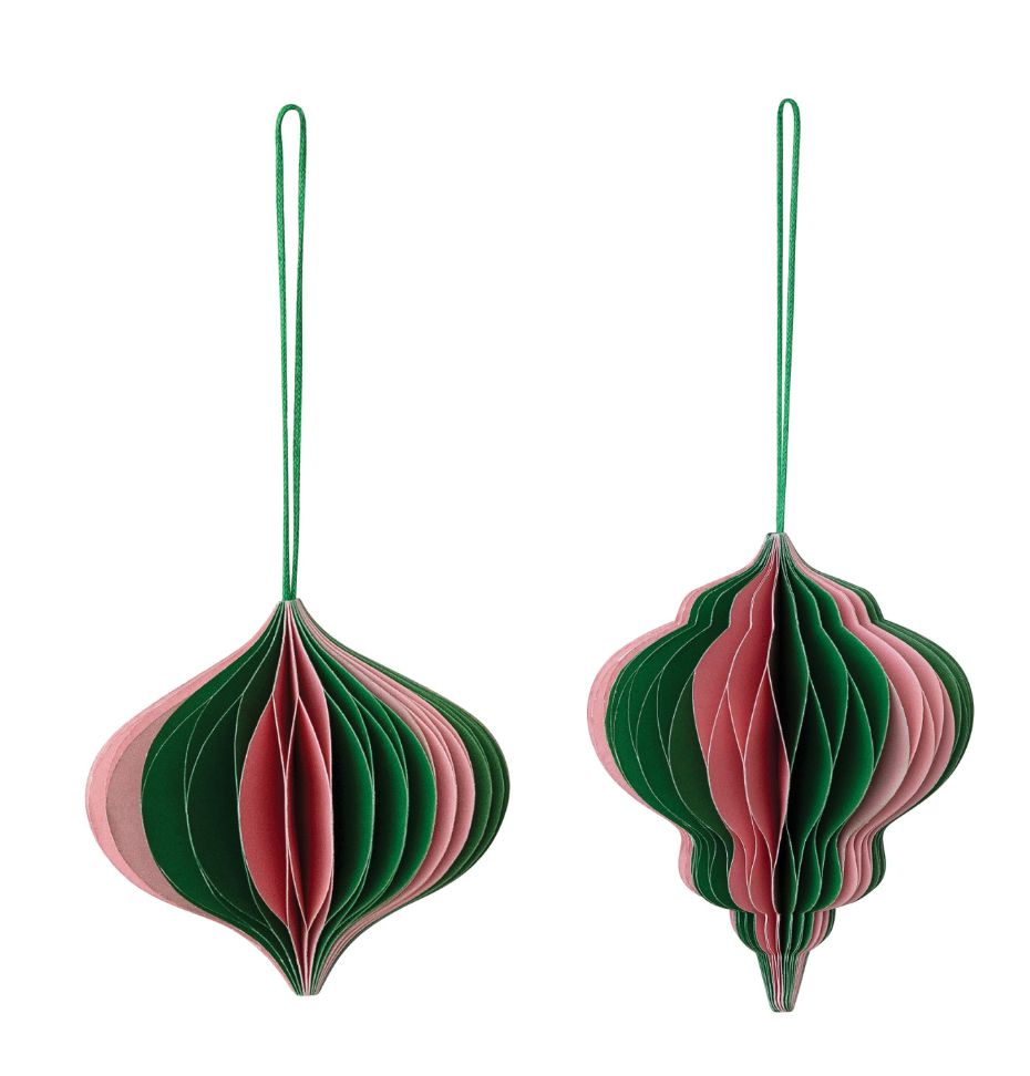 Handmade Recycled Paper Folding Honeycomb Finial Ornament, Green & Pink
