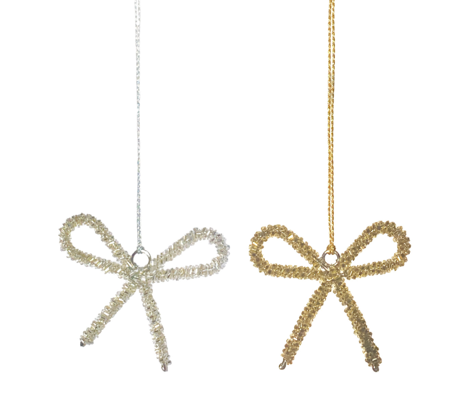 Glass Beaded Metal Bow Ornament, 2 Finishes