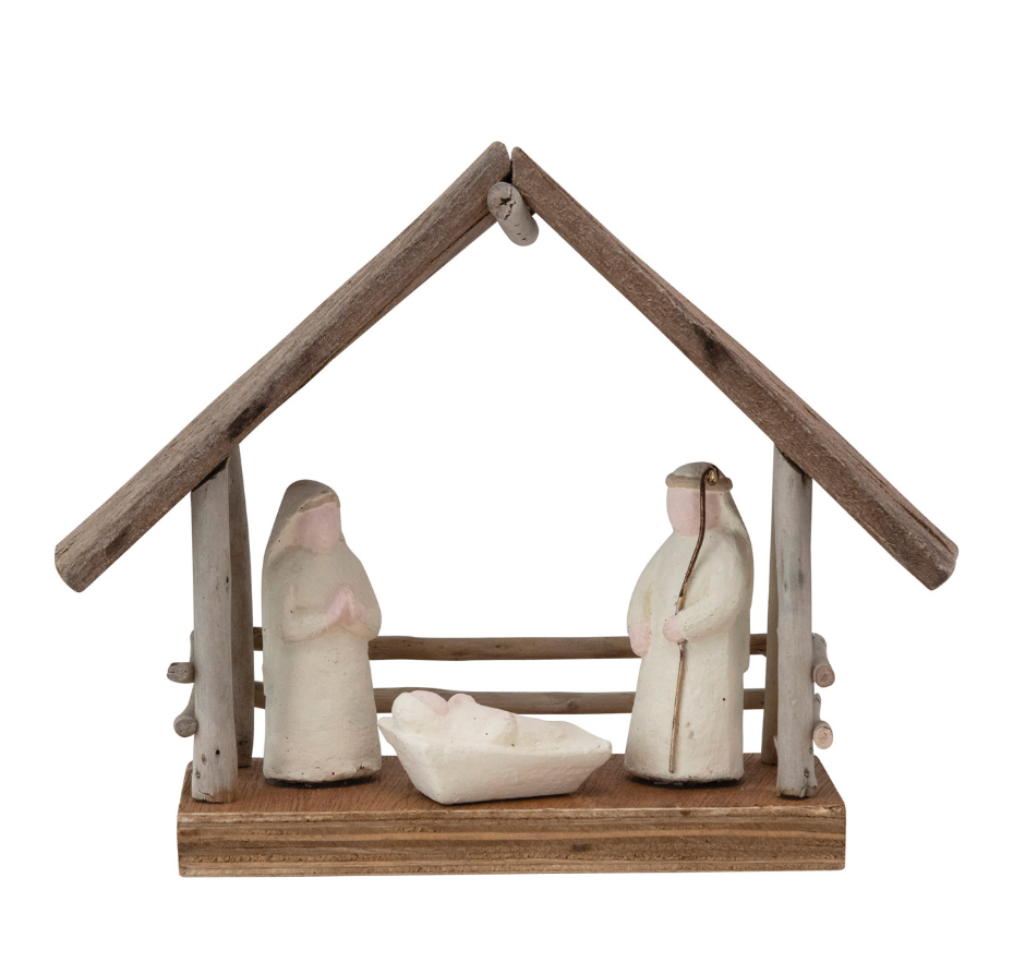 8-1/2"L x 3"W x 7"H Handmade Driftwood and Paper Mache Nativity with Wood Base