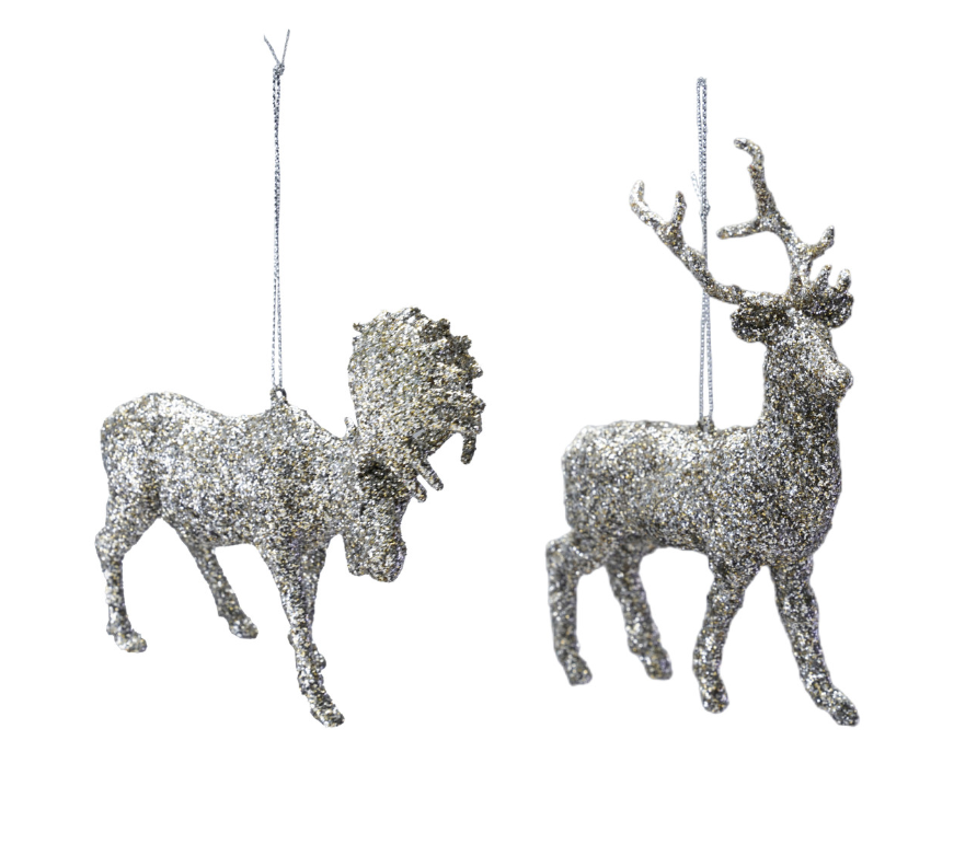 Plastic Moose/Deer Ornament, Silver Glitter Finish, 2 Styles