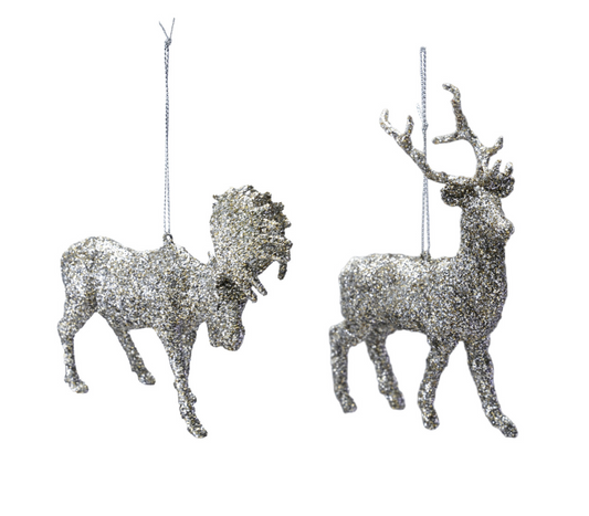 Plastic Moose/Deer Ornament, Silver Glitter Finish, 2 Styles