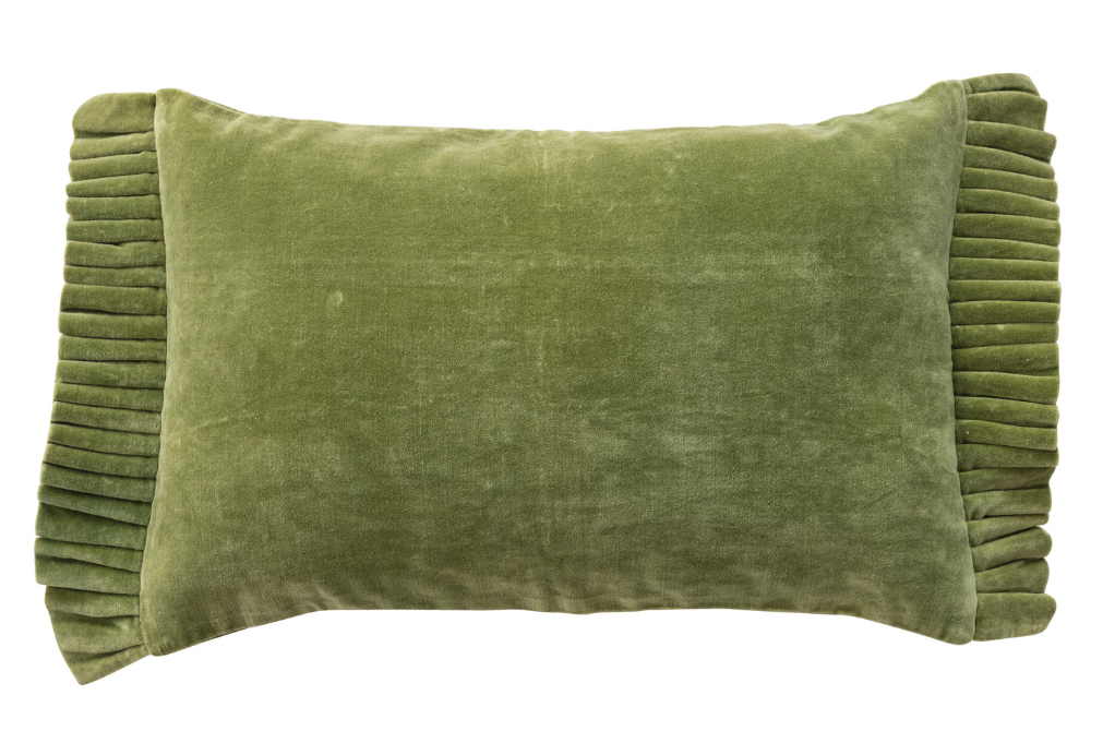 Cotton Velvet Lumbar Pillow with Ruffle Trim, Green