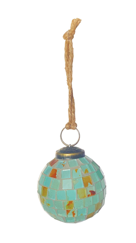 Glass Marbled Mosaic Ball Ornament, Blue & Copper Finish
