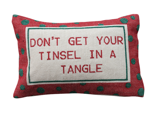 Cotton Embroidered Lumbar Pillow with Polka Dot Pattern "Don't Get Your Tinsel..."
