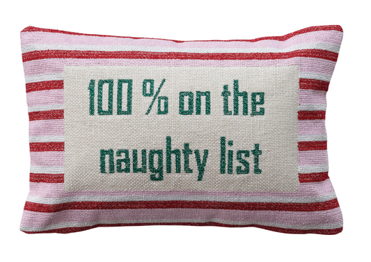 Cotton Embroidered Lumbar Pillow with Polka Dot Pattern "100% On The Naughty List"