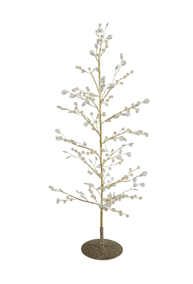 Faux Pearl, Acrylic Jewel & Metal Wire Tree with Glitter Base, Gold Finish
