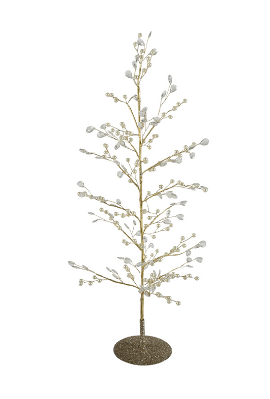 Faux Pearl, Acrylic Jewel & Metal Wire Tree with Glitter Base, Gold Finish