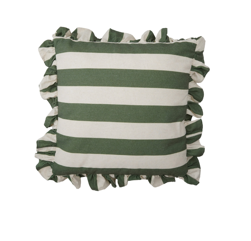 18" Square Fabric Striped Pillow with Ruffle, Green & Natural