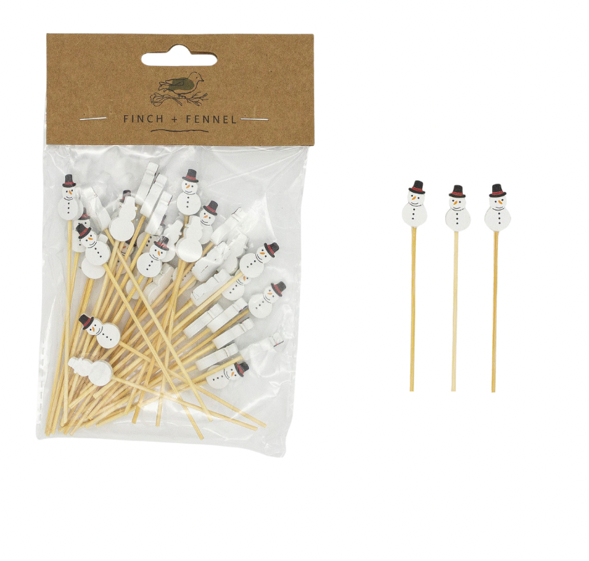 Bamboo Single Use Picks w/ Snowman Shaped Handles, Natural, White & Black, Set of 50