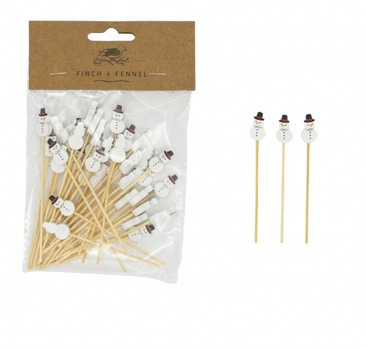 Bamboo Single Use Picks w/ Snowman Shaped Handles, Natural, White & Black, Set of 50