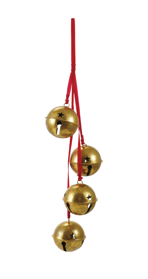 Hanging Metal Bells on Velvet Ribbon, Gold Finish & Red