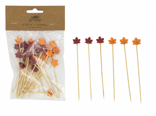Bamboo Single Use Picks w/ Leaf Shaped Handles, Natural, Red & Orange Color, Set of 50
