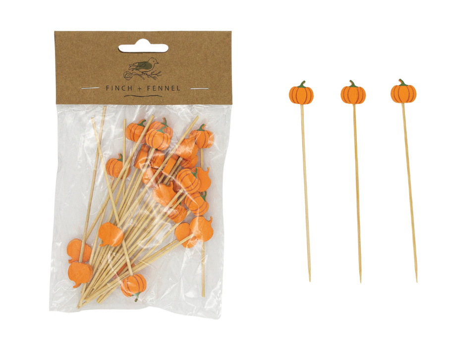 Bamboo Single Use Picks w/ Pumpkin Shaped Handles, Natural, Orange Color & Black, Set of 50