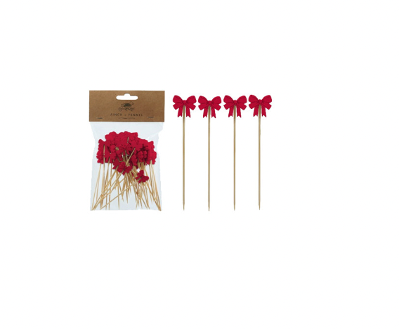 Bamboo Single Use Picks w/ Bow Shaped Handles, Natural & Red, Set of 50