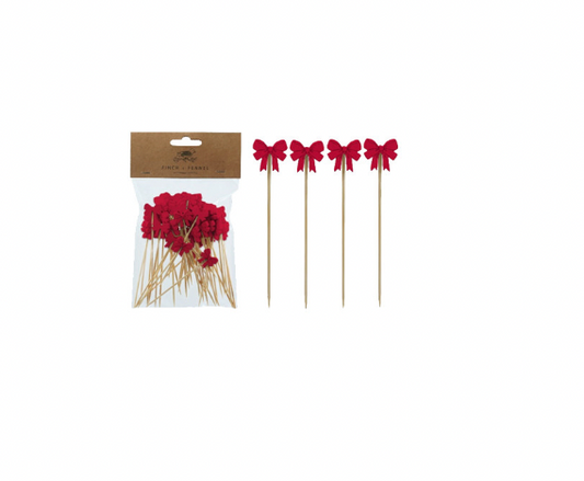 Bamboo Single Use Picks w/ Bow Shaped Handles, Natural & Red, Set of 50