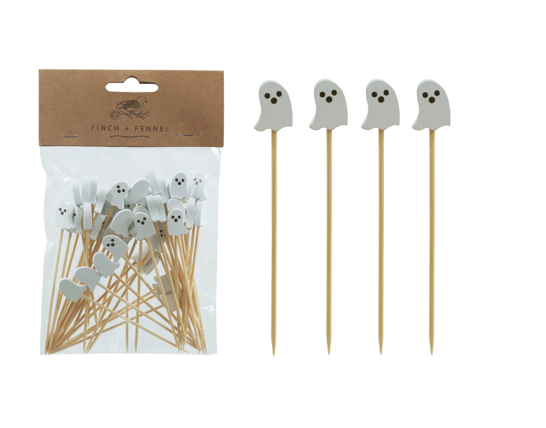 Bamboo Single Use Picks w/ Ghost Shaped Handles, Natural, White & Black, Set of 50