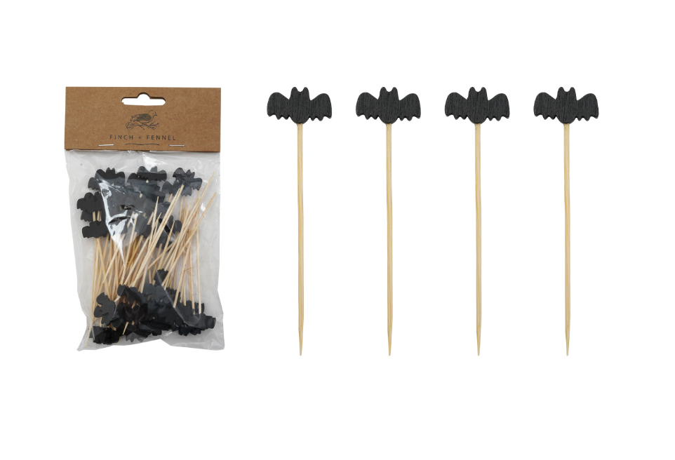 Bamboo Single Use Picks w/ Bat Shaped Handles, Natural & Black, Set of 20