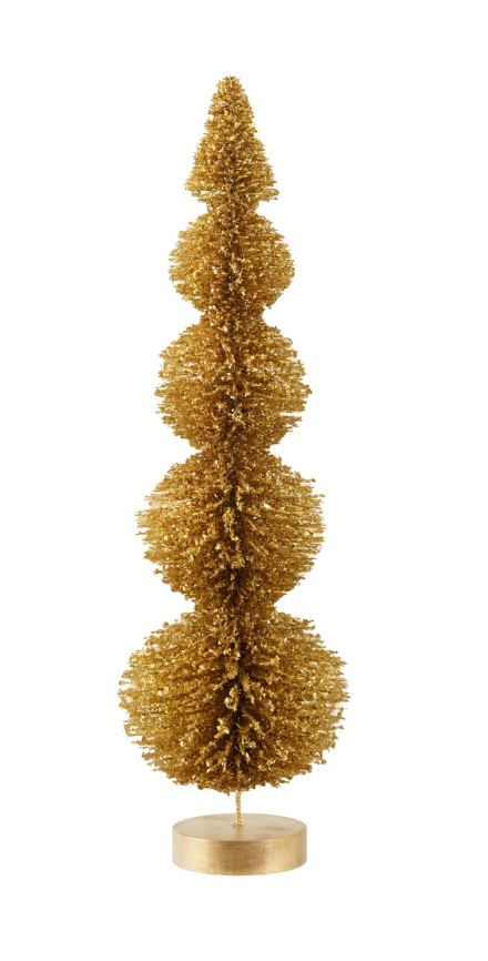 Plastic Topiary Shaped Bottle Brush Tree with Wood Base, Gold Glitter Finish