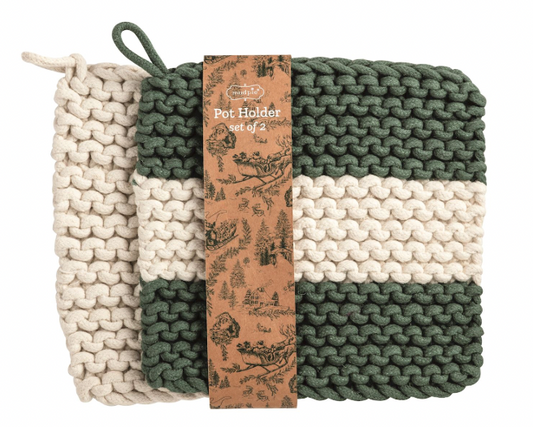 White Middle White & Green Stripe Pot Holder Set