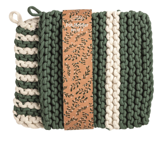 Double White  & Green Stripe Pot Holder Set